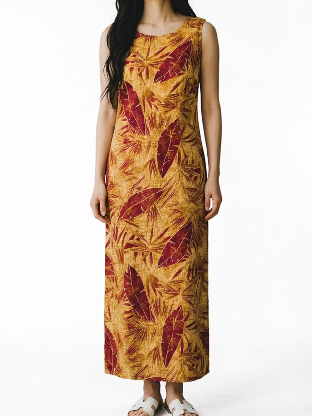 STUDIO EASE Gold Wine Printed Linen Rayon Blend  Long Dress 12